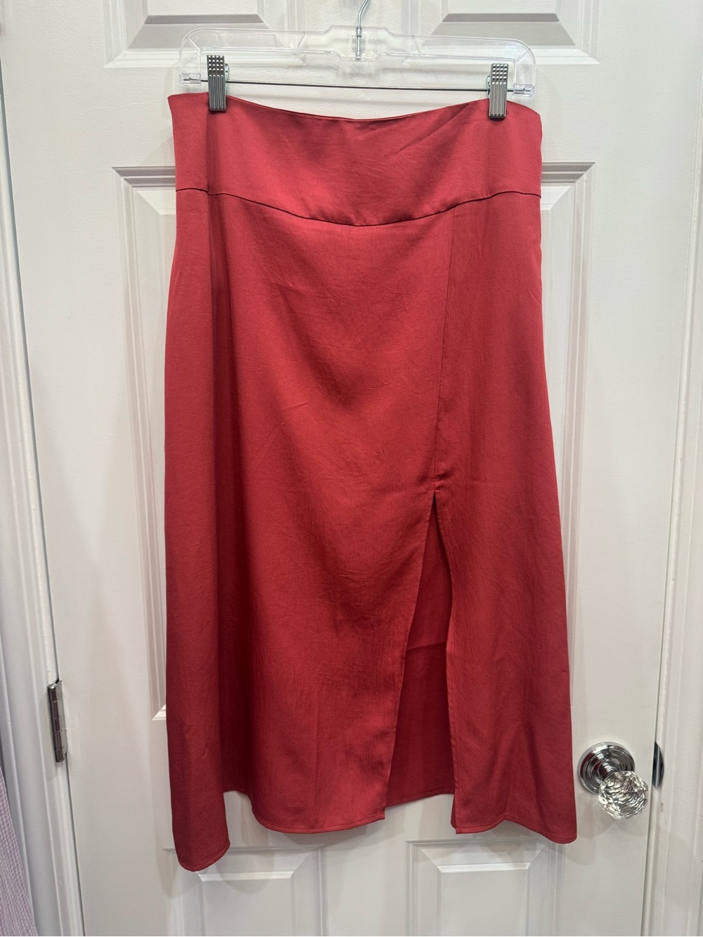 Express Coral-Red Midi Skirt with Front Slit